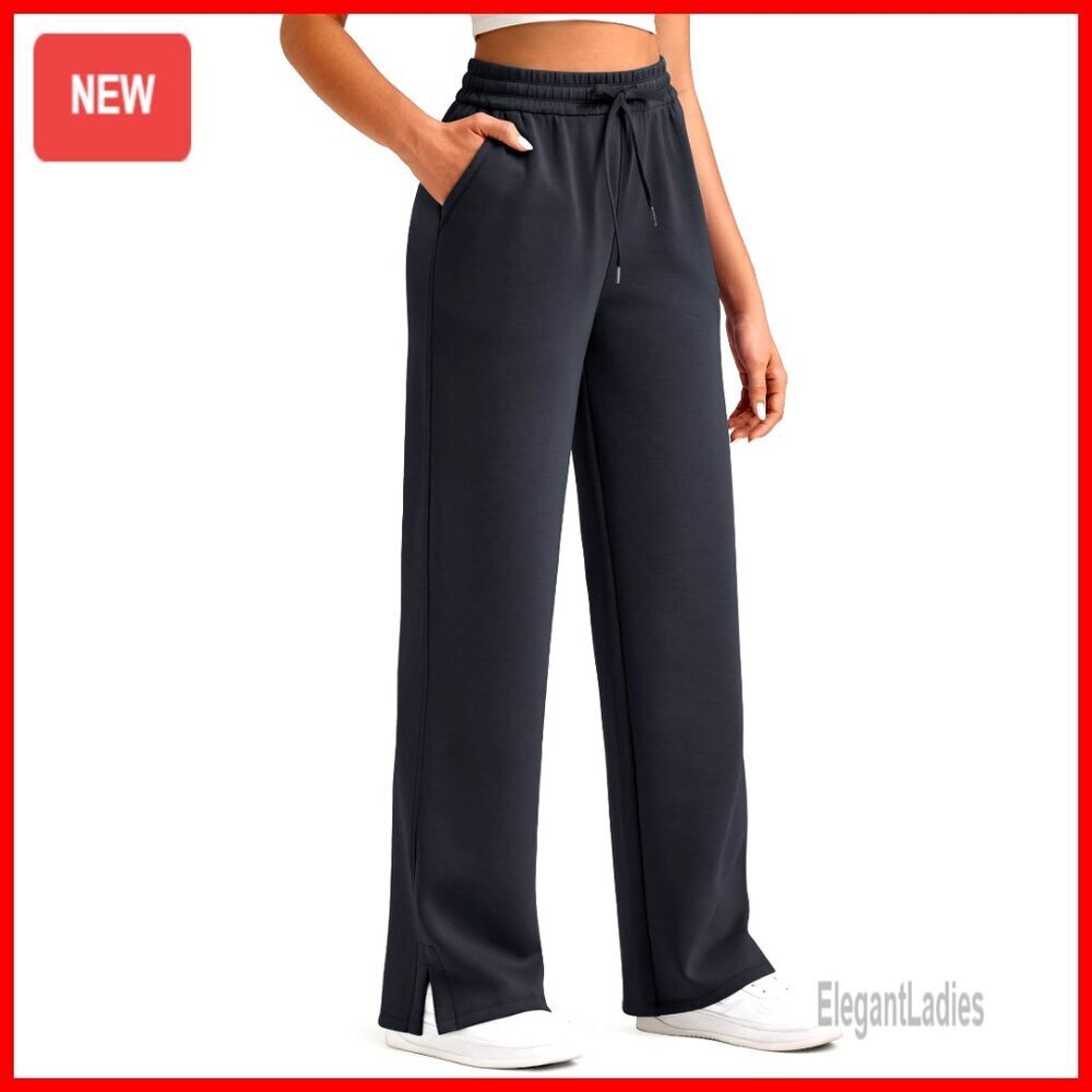 High Waisted Wide Leg Sweatpants Modal Soft Drawstring Side Slit Casual